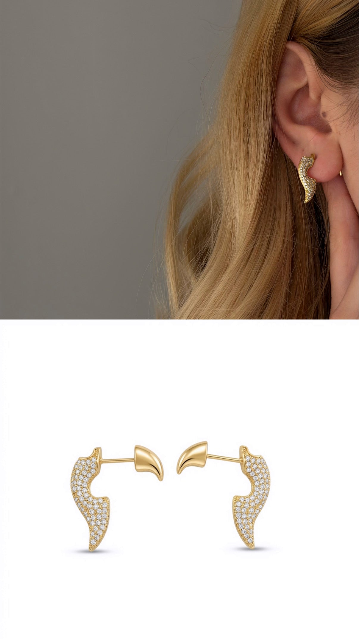 CW1VPEARNG00131-gold-cz-pave-curved-wave-front-to-back-earrings-catwalkjewellery wholesale jewelry VIP 14K EARRINGS  Catwalk Jewellery Europe