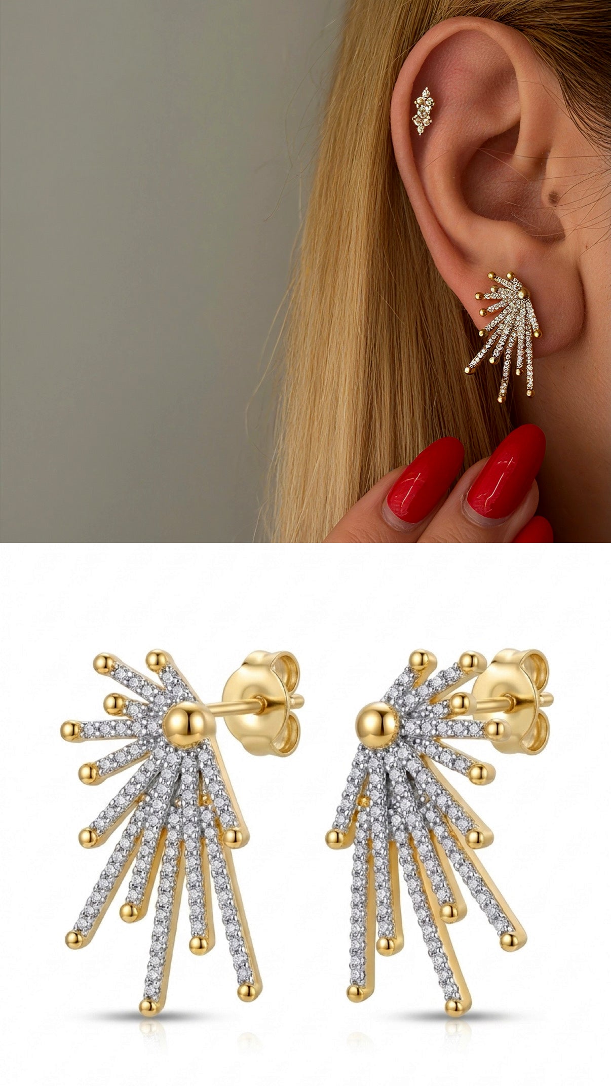 CW1VPEARNG00133-gold-cz-pave-beaded-starburst-spray-ear-jacket-earrings-catwalkjewellery wholesale jewelry VIP 14K EARRINGS  Catwalk Jewellery Europe