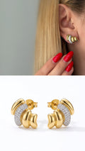 Gold Chunky Ribbed CZ Pave C Hoop Stud Earrings - CW1VPEARNG00138 | Wholesale Stainless Steel Jewelry Catwalk Jewellery Europe