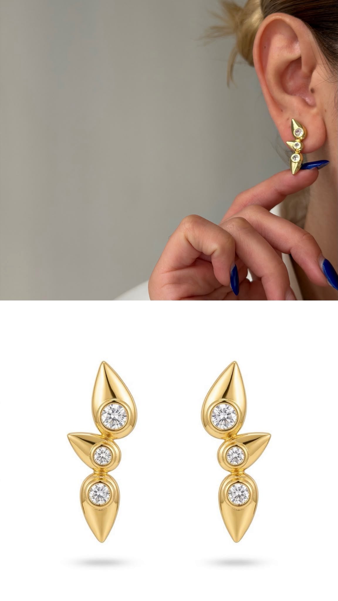 CW1VPEARNG00140-gold-bezel-cz-geometric-teardrop-ear-climber-earrings-catwalkjewellery wholesale jewelry VIP 14K EARRINGS  Catwalk Jewellery Europe