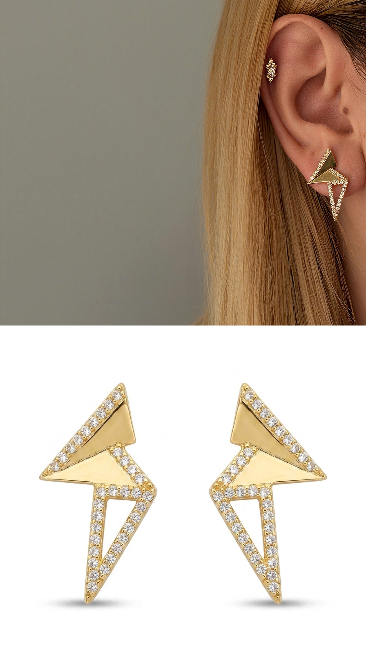 CW1VPEARNG00147-gold-cz-pave-geometric-lightning-bolt-stud-earrings-catwalkjewellery wholesale jewelry VIP 14K EARRINGS  Catwalk Jewellery Europe