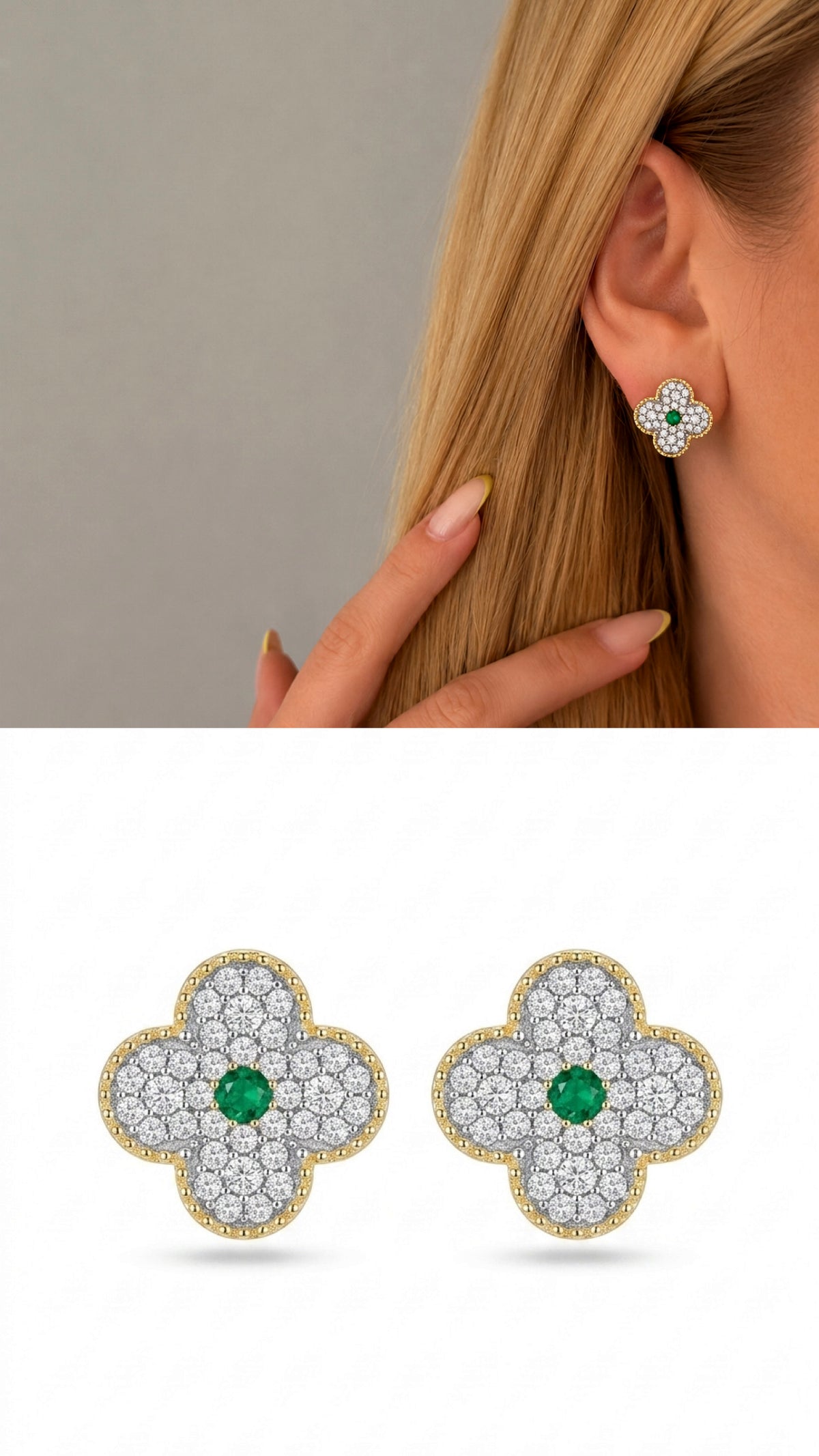 CW1VPEARNG00152-two-tone-cz-pave-emerald-center-clover-stud-earrings-catwalkjewellery wholesale jewelry VIP 14K EARRINGS  Catwalk Jewellery Europe