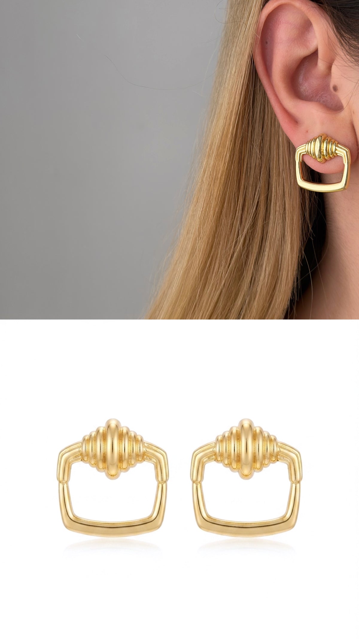 CW1VPEARNG00160-gold-ribbed-barrel-geometric-square-stud-earrings-catwalkjewellery wholesale jewelry VIP 14K EARRINGS  Catwalk Jewellery Europe