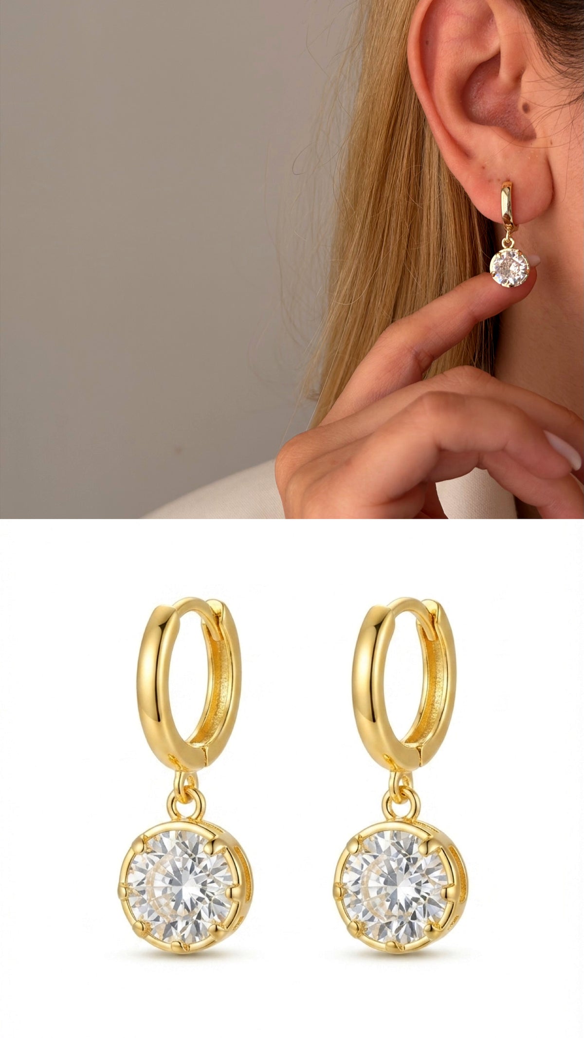 CW1VPEARNG00167-gold-round-cz-dangle-huggie-hoop-earrings-catwalkjewellery wholesale jewelry VIP 14K EARRINGS  Catwalk Jewellery Europe