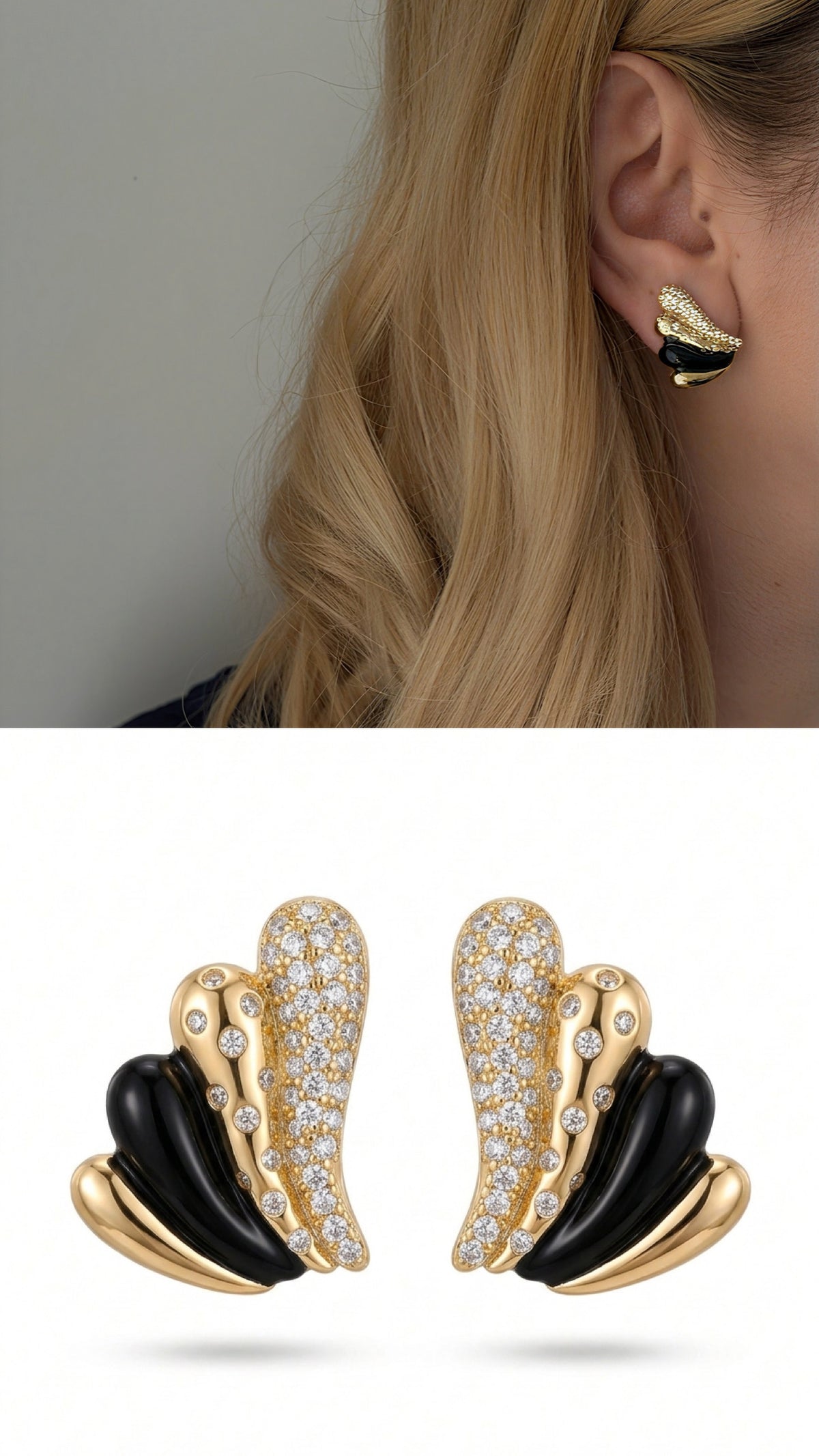 CW1VPEARNG00174-two-tone-black-enamel-cz-pave-ribbed-abstract-stud-earrings-catwalkjewellery wholesale jewelry VIP 14K EARRINGS  Catwalk Jewellery Europe