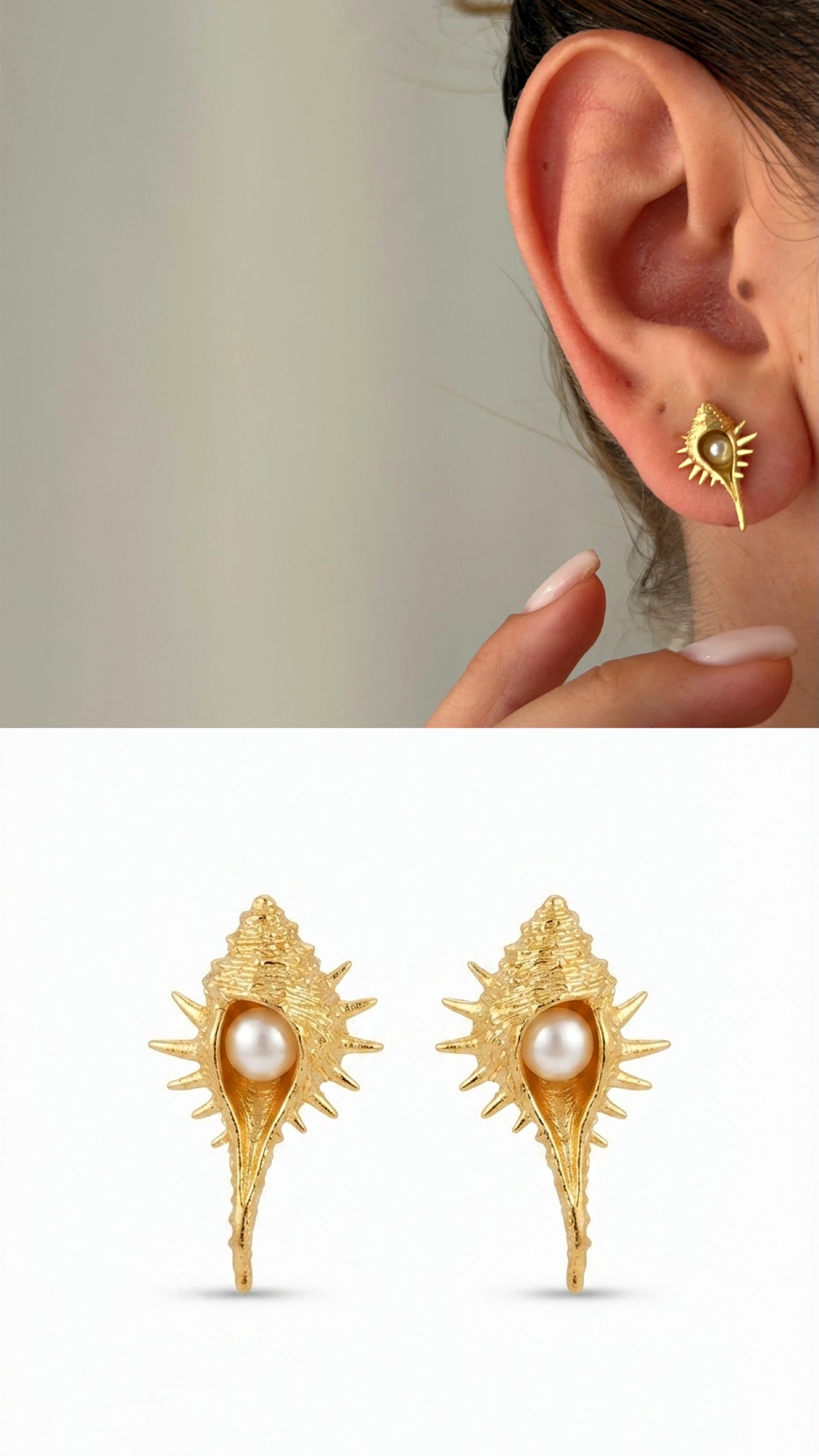 CW1VPEARNG00176-gold-textured-spiked-conch-shell-pearl-stud-earrings-catwalkjewellery wholesale jewelry VIP 14K EARRINGS  Catwalk Jewellery Europe