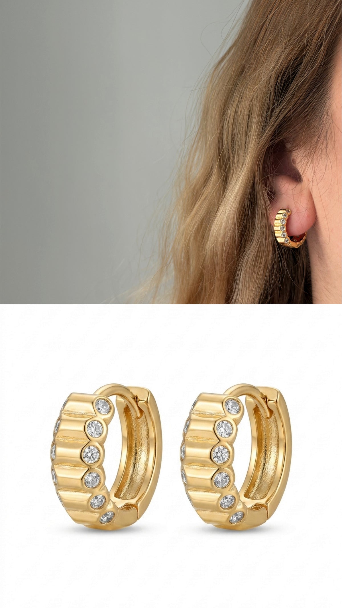 CW1VPEARNG00180-gold-ribbed-notched-cz-accent-huggie-hoop-earrings-catwalkjewellery wholesale jewelry VIP 14K EARRINGS  Catwalk Jewellery Europe