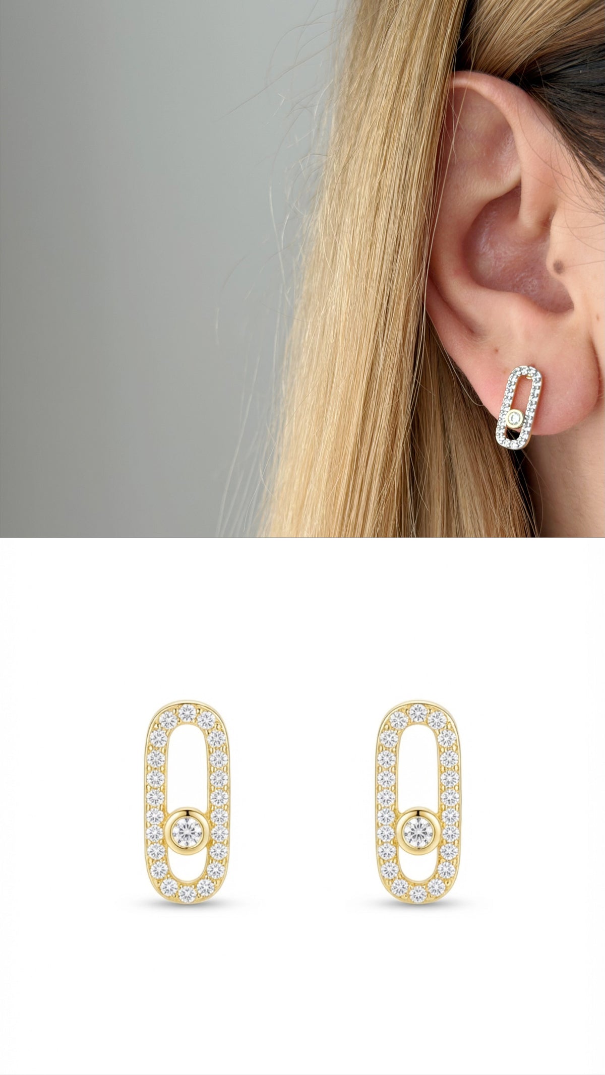18K Gold Plated Stainless Steel Oval Pave CZ Floating Solitaire Stud Earrings - CW1VPEARNG00349 | Wholesale Stainless Steel Jewelry Catwalk Jewellery Europe