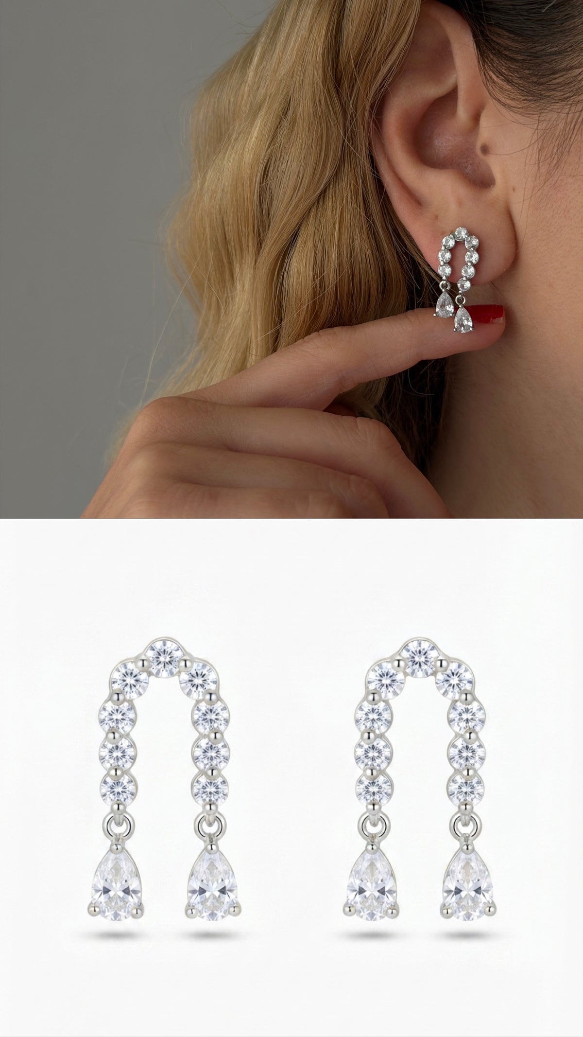 Silver Plated Stainless Steel Pave CZ Arch Pear Cut Drop Earrings - CW1VPEARRING00404 | Wholesale Stainless Steel Jewelry Catwalk Jewellery Europe