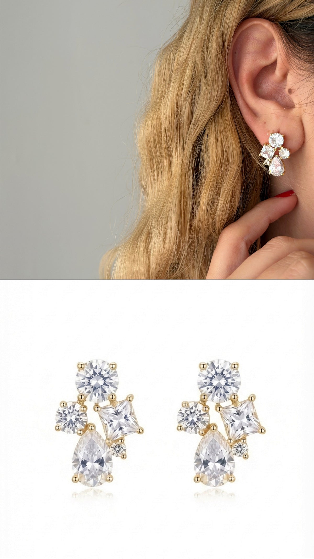 18K Gold Plated Stainless Steel Multi Shape CZ Cluster Stud Earrings - CW1VPEARRING00405 | Wholesale Stainless Steel Jewelry Catwalk Jewellery Europe