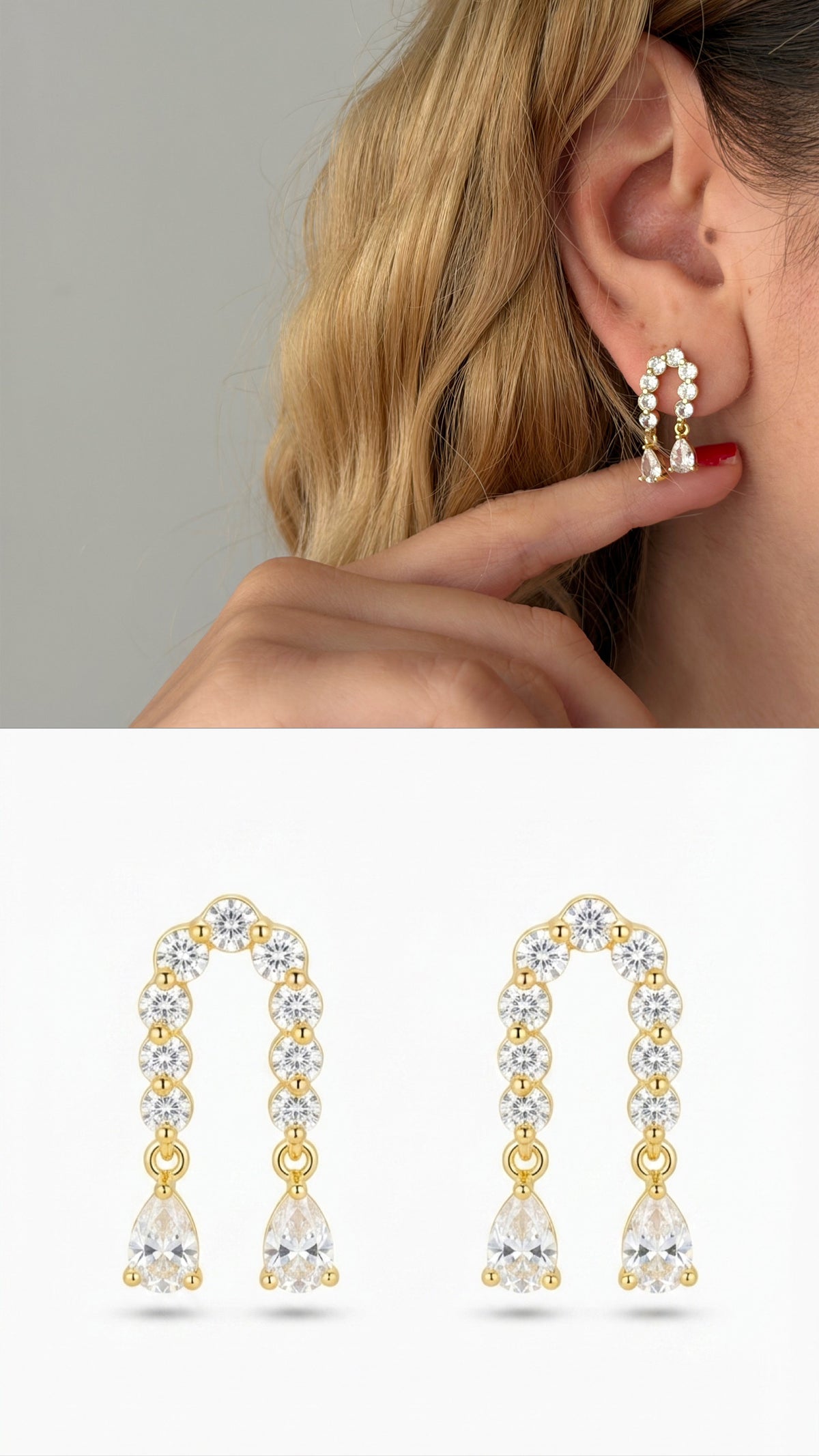 18K Gold Plated Stainless Steel Pave CZ Arch Pear Cut Drop Earrings - CW1VPEARRING00406 | Wholesale Stainless Steel Jewelry Catwalk Jewellery Europe