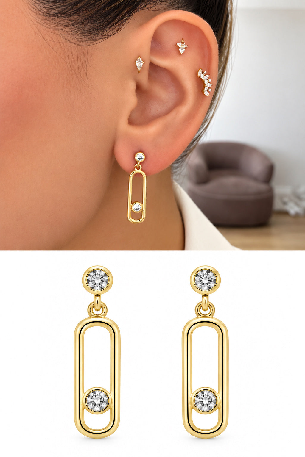 18K Gold Plated Stainless Steel Oval Paperclip Bezel CZ Floating Drop Earrings - CW1VPEARRING00407 | Wholesale Stainless Steel Jewelry Catwalk Jewellery Europe