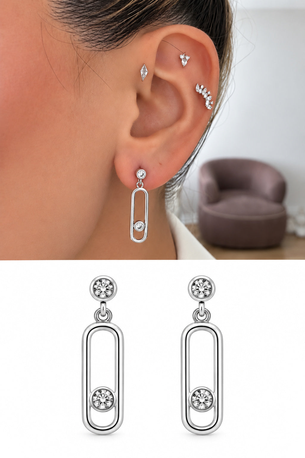 Silver Plated Stainless Steel Oval Paperclip Bezel CZ Floating Drop Earrings - CW1VPEARRING00408 | Wholesale Stainless Steel Jewelry Catwalk Jewellery Europe