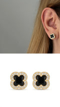 18K Gold Plated Stainless Steel Pave CZ Black Onyx Four Leaf Clover Stud Earrings - CW1VPEARRING00409 | Wholesale Stainless Steel Jewelry Catwalk Jewellery Europe