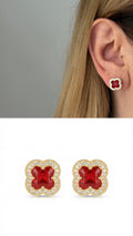 18K Gold Plated Stainless Steel Pave CZ Red Ruby Four Leaf Clover Stud Earrings - CW1VPEARRING00410 | Wholesale Stainless Steel Jewelry Catwalk Jewellery Europe