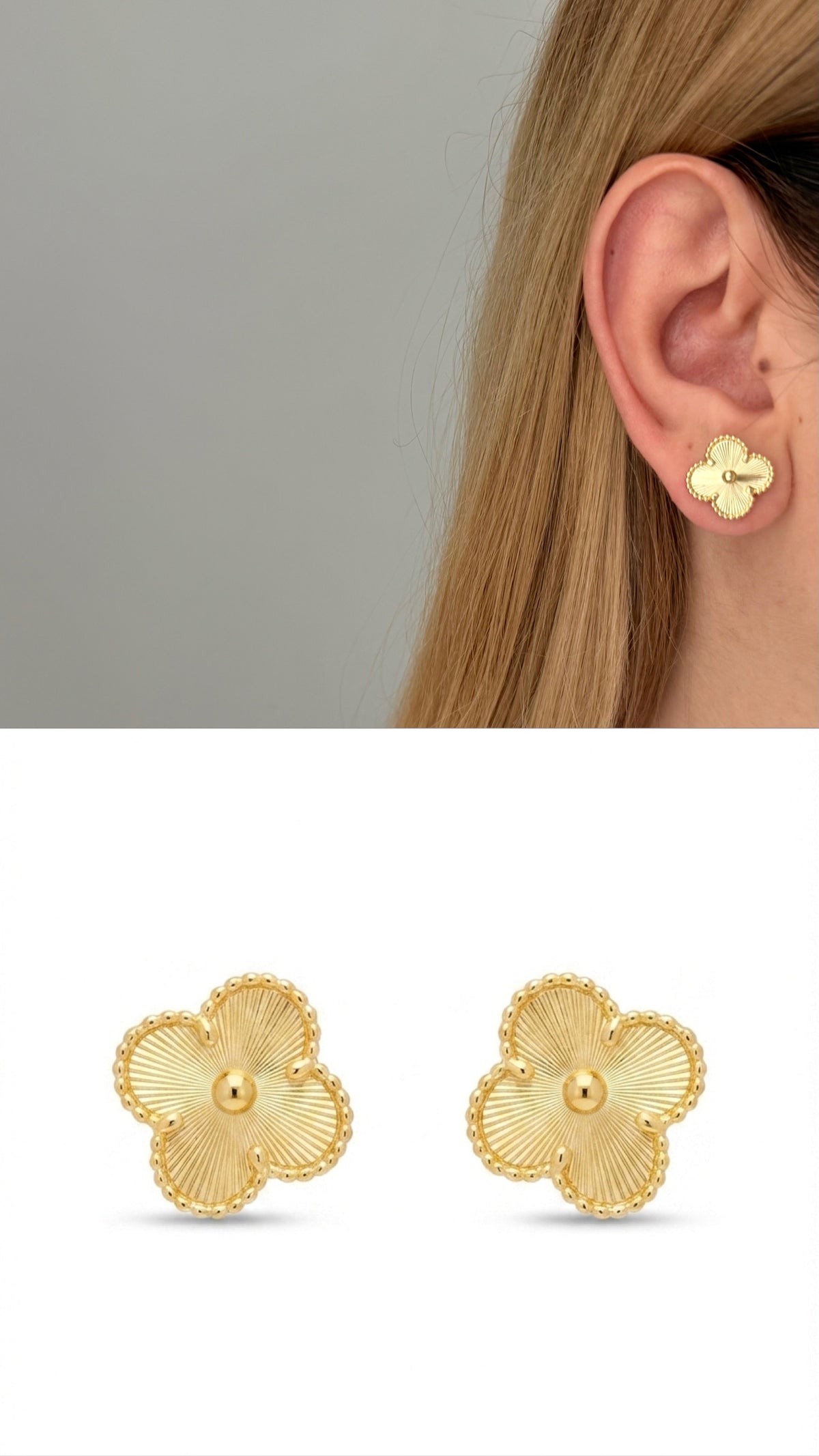 18K Gold Plated Stainless Steel Guilloche Four Leaf Clover Center Bead Stud Earrings - CW1VPEARRING00411 | Wholesale Stainless Steel Jewelry Catwalk Jewellery Europe