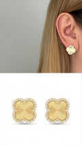 18K Gold Plated Stainless Steel Pave CZ Halo Guilloche Four Leaf Clover Stud Earrings - CW1VPEARRING00412 | Wholesale Stainless Steel Jewelry Catwalk Jewellery Europe
