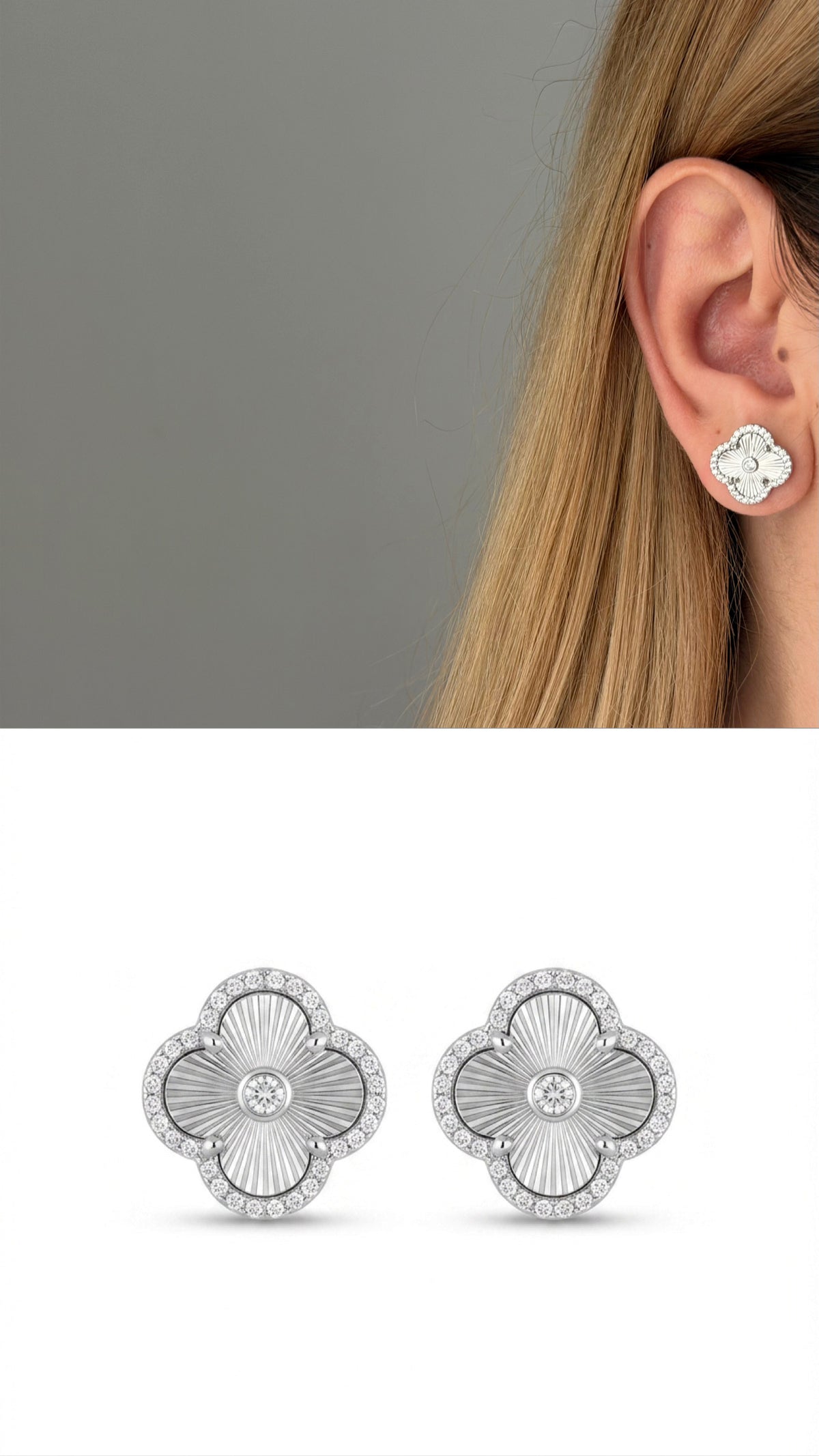 Silver Plated Stainless Steel Pave CZ Halo Guilloche Four Leaf Clover Bezel CZ Center Stud Earrings - CW1VPEARRING00413 | Wholesale Stainless Steel Jewelry Catwalk Jewellery Europe