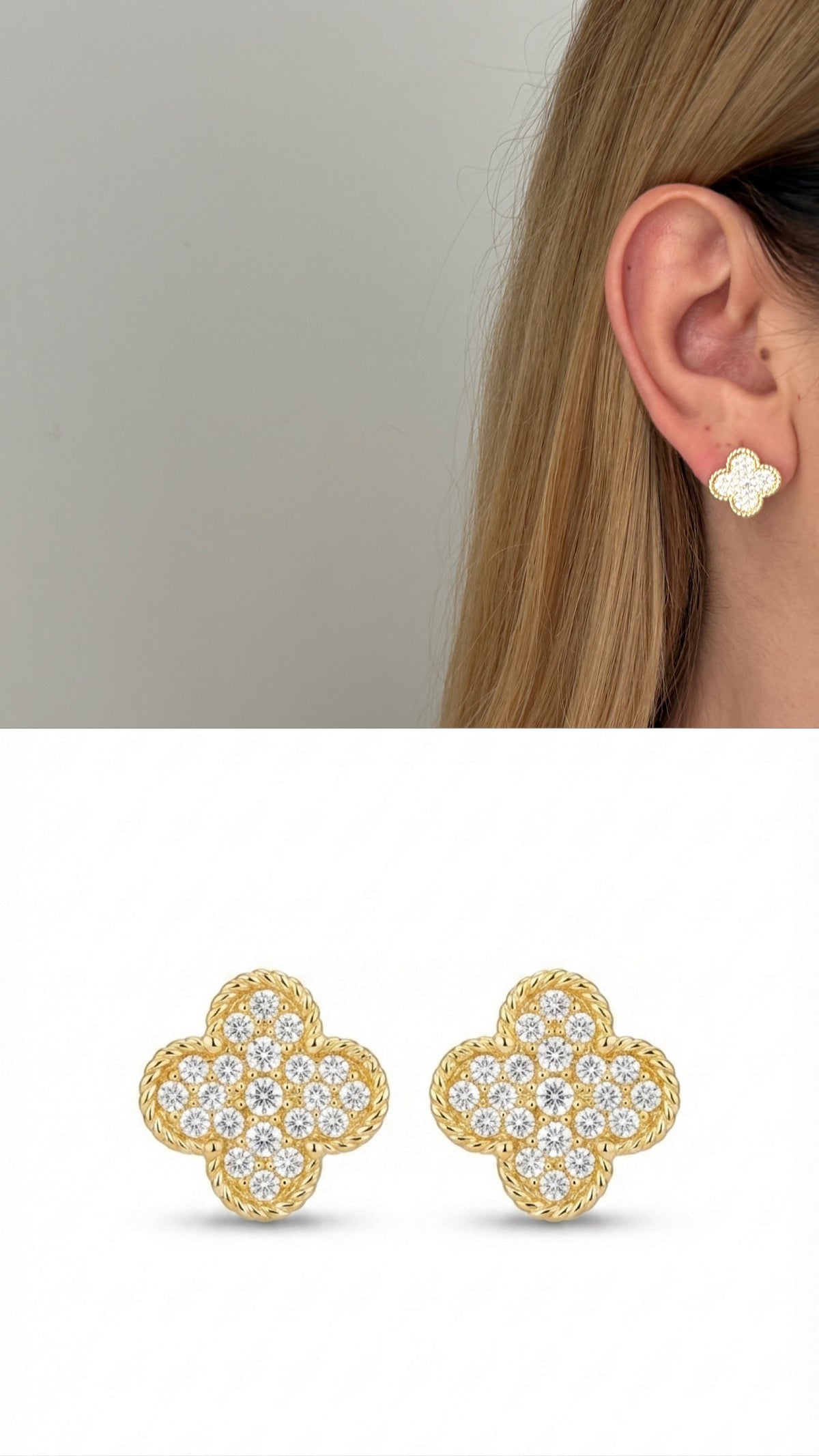 18K Gold Plated Stainless Steel Pave CZ Twisted Border Four Leaf Clover Stud Earrings - CW1VPEARRING00414 | Wholesale Stainless Steel Jewelry Catwalk Jewellery Europe