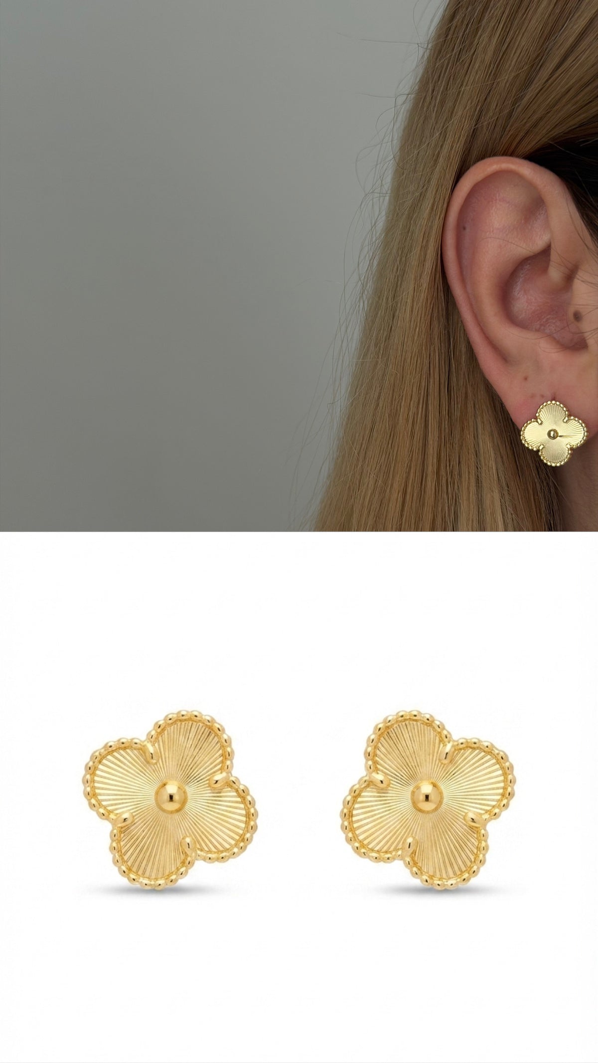 18K Gold Plated Stainless Steel Guilloche Four Leaf Clover Bead Center Stud Earrings - CW1VPEARRING00415 | Wholesale Stainless Steel Jewelry Catwalk Jewellery Europe