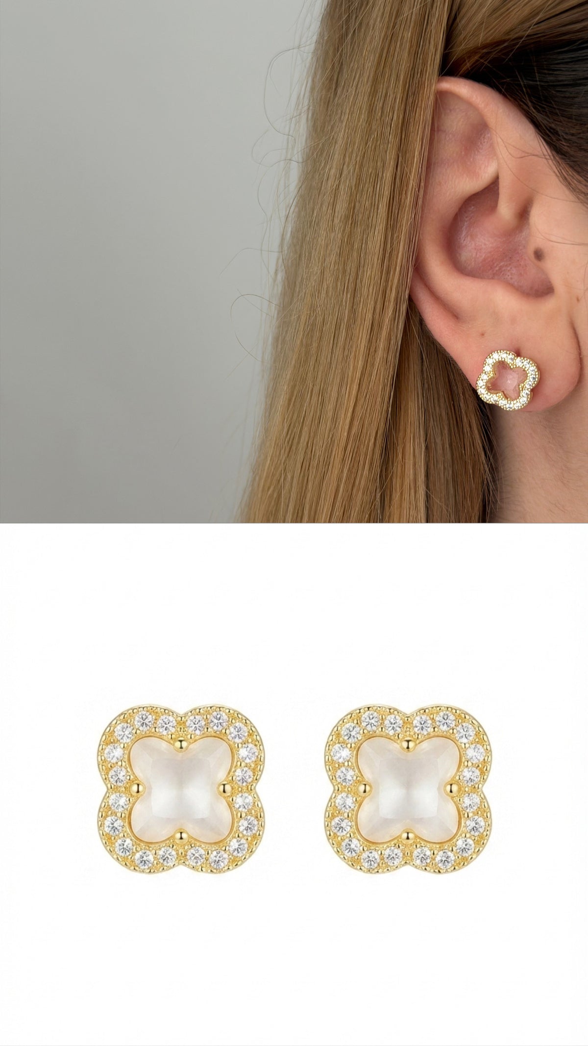 18K Gold Plated Stainless Steel Pave CZ Halo Mother Of Pearl Four Leaf Clover Stud Earrings - CW1VPEARRING00416 | Wholesale Stainless Steel Jewelry Catwalk Jewellery Europe