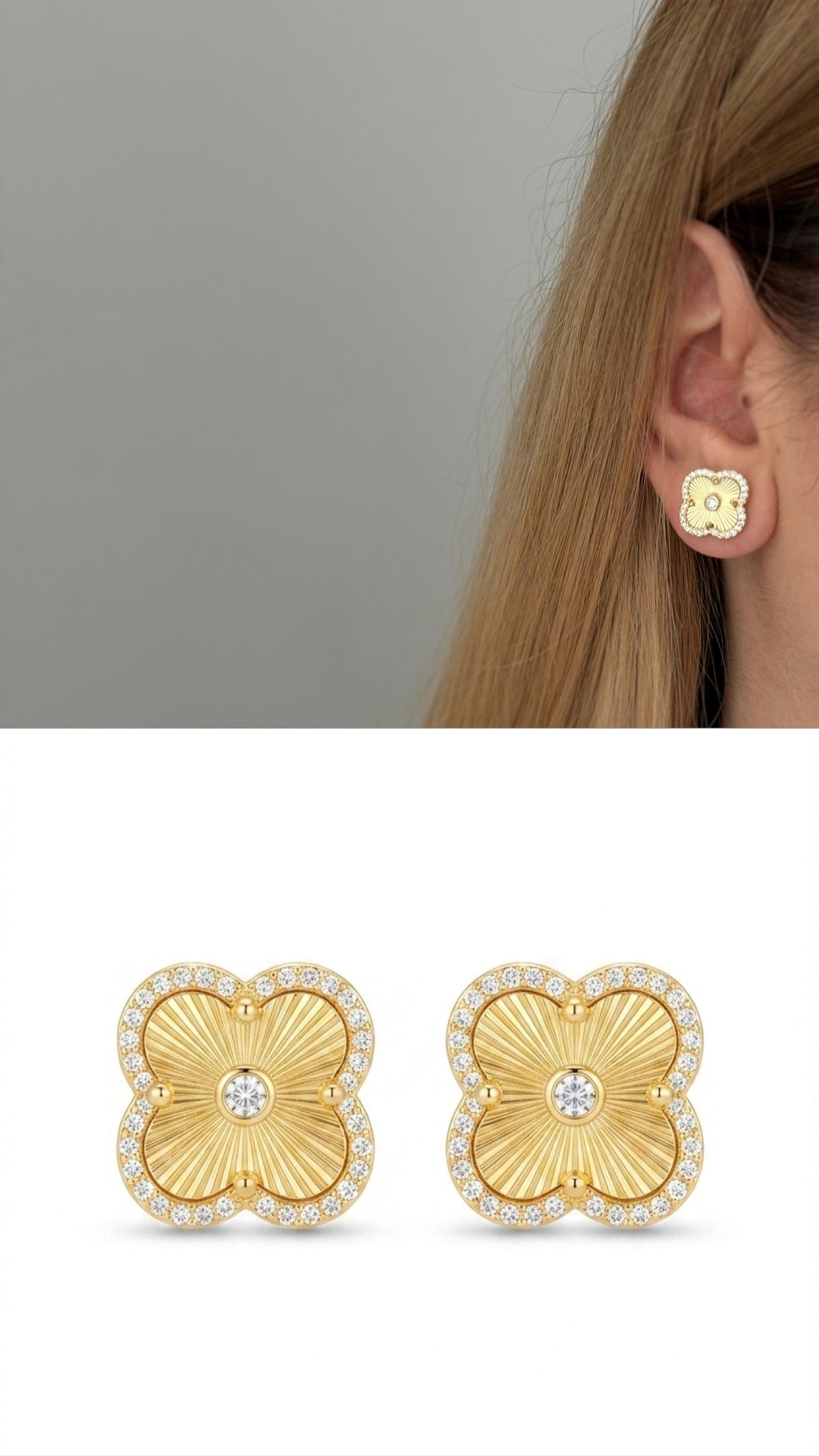 18K Gold Plated Stainless Steel Pave CZ Halo Guilloche Four Leaf Clover Bezel CZ Center Stud Earrings - CW1VPEARRING00417 | Wholesale Stainless Steel Jewelry Catwalk Jewellery Europe