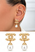 18K Gold Plated Stainless Steel Quilted Interlocking C Pearl Drop Earrings - CW1VPEARRING00418 | Wholesale Stainless Steel Jewelry Catwalk Jewellery Europe