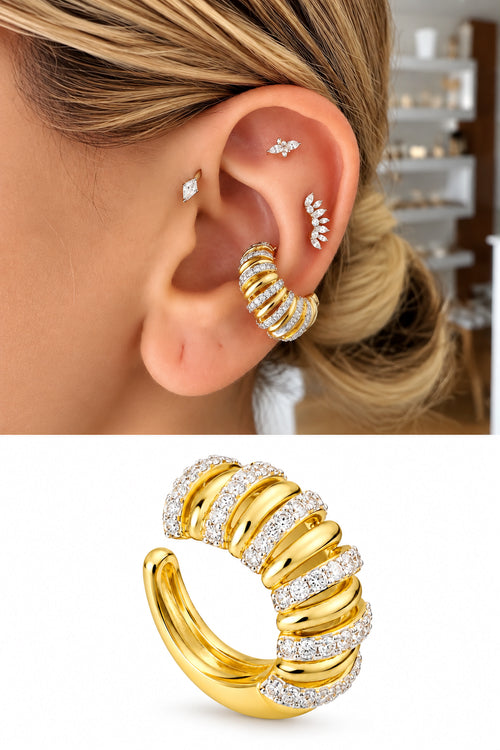 18K Gold Plated Stainless Steel Bold Ridged Pave CZ Chunky Ear Cuff - CW1EARCUFF00179 | Wholesale Stainless Steel Jewelry Catwalk Jewellery Europe