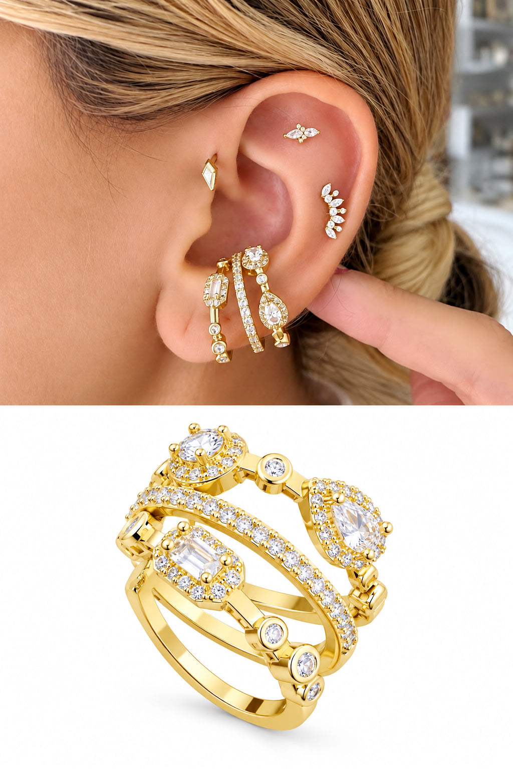 18K Gold Plated Stainless Steel Multi Shape CZ Halo Multi Strand Ear Cuff - CW1EARCUFF00181 | Wholesale Stainless Steel Jewelry Catwalk Jewellery Europe