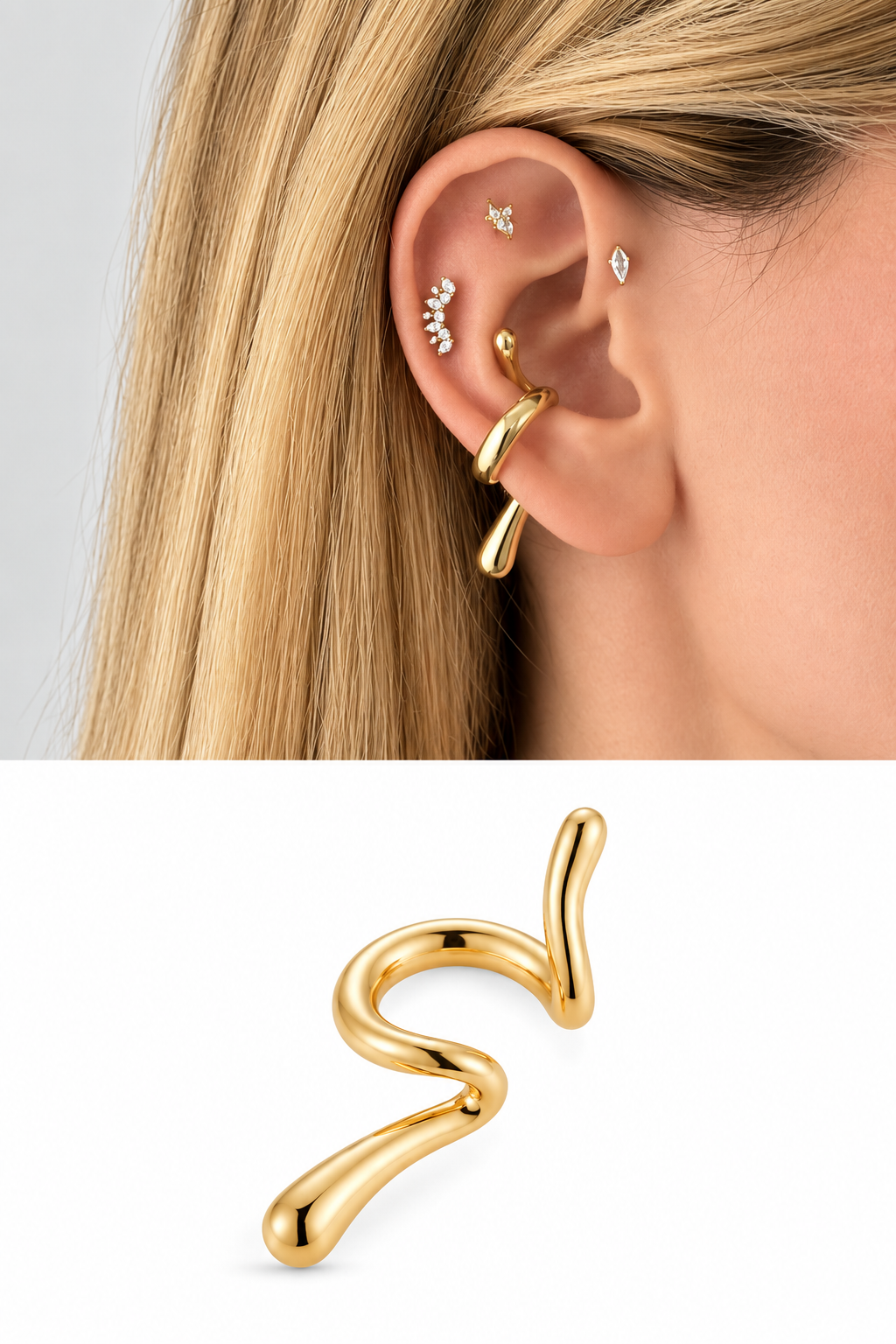 18K Gold Plated Stainless Steel Double Row Pave CZ Chunky Domed Ear Cuff - CW1EARCUFF00184 | Wholesale Stainless Steel Jewelry Catwalk Jewellery Europe
