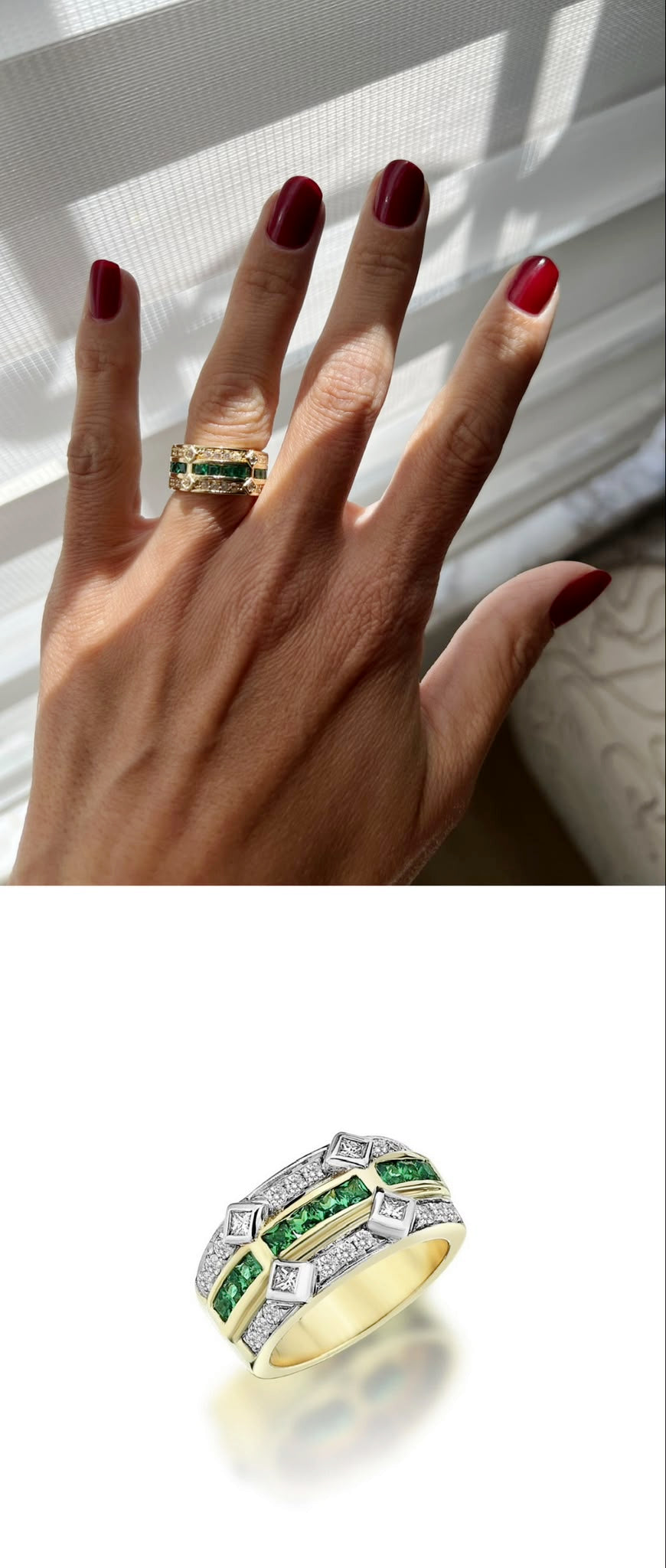 18K Gold Plated Stainless Steel Green CZ Emerald Cut Channel Set Band Ring - CW1RING00219 | Wholesale Stainless Steel Jewelry Catwalk Jewellery Europe