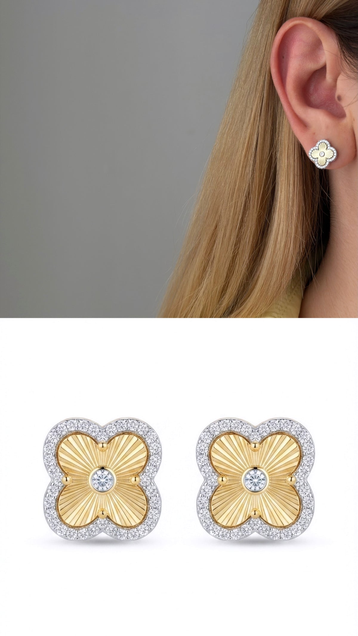CW1VPEARNG00181-two-tone-cz-pave-sunburst-clover-stud-earrings-catwalkjewellery wholesale jewelry VIP 14K EARRINGS  Catwalk Jewellery Europe