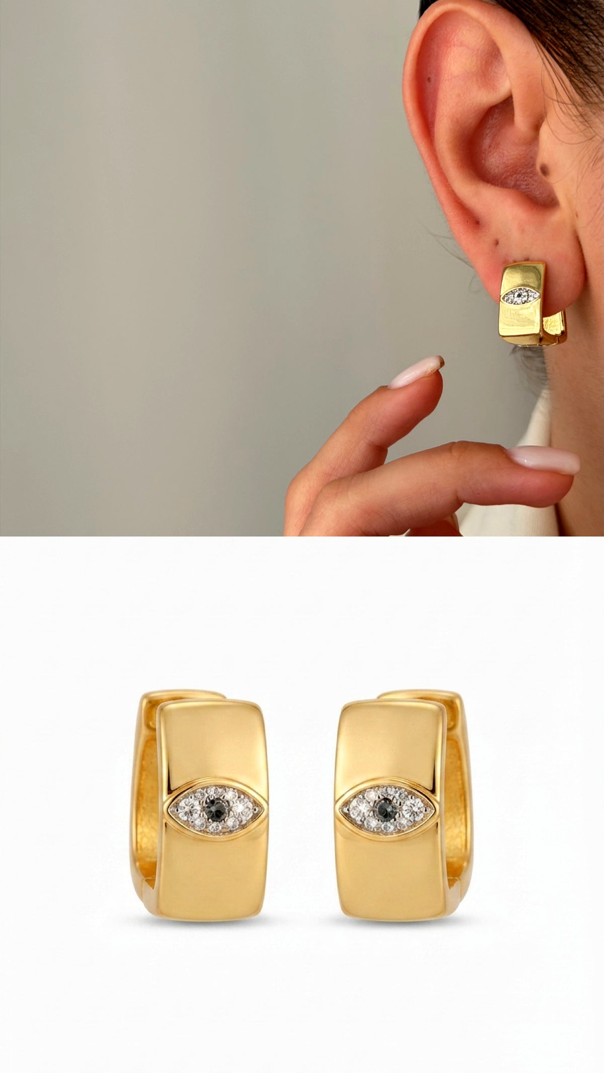 Gold CZ Pave Evil Eye Wide Huggie Hoop Earrings - CW1VPEARNG00187 | Wholesale Stainless Steel Jewelry Catwalk Jewellery Europe