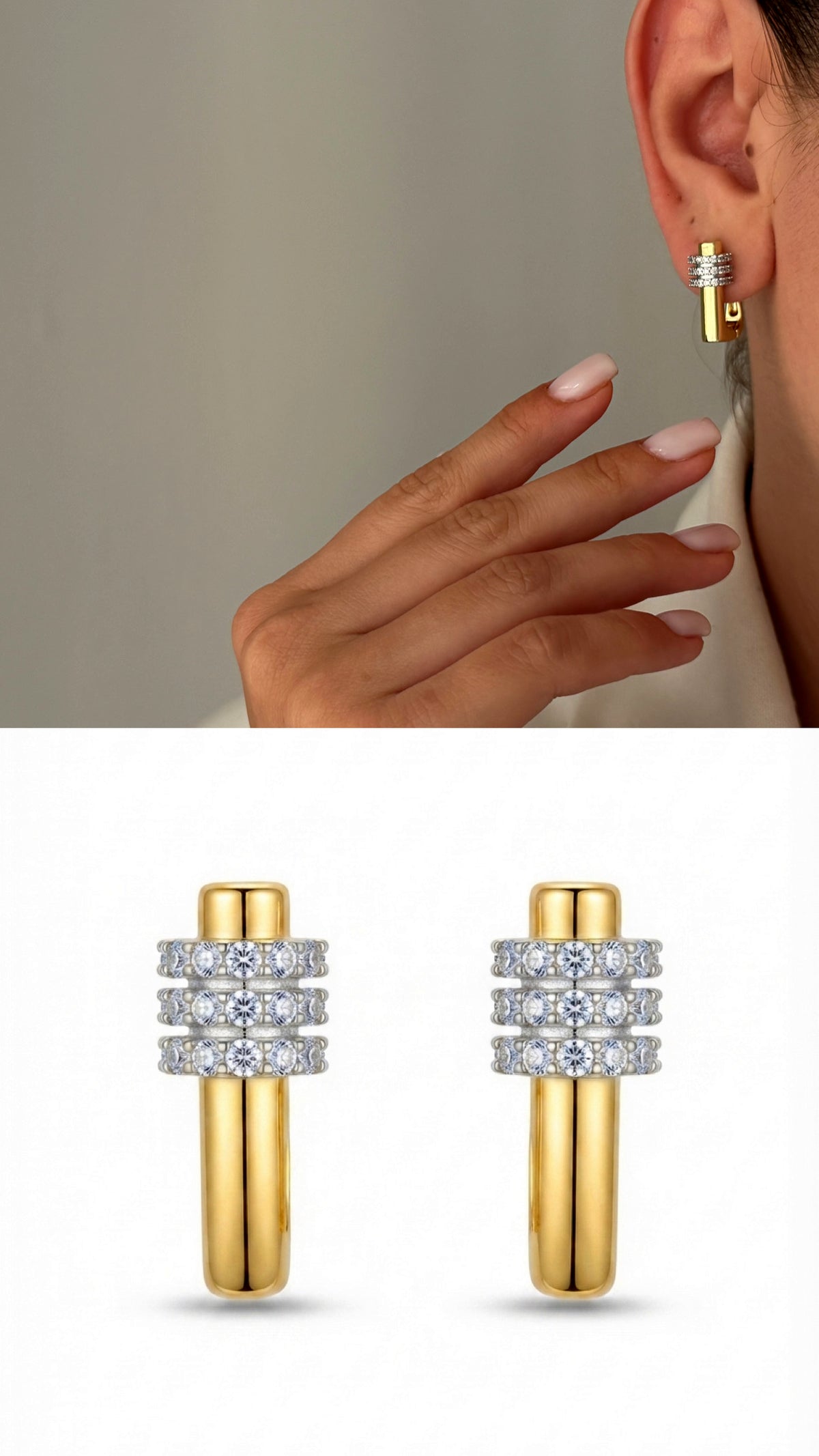 CW1VPEARNG00190-two-tone-cz-pave-triple-band-t-bar-stud-earrings-catwalkjewellery wholesale jewelry VIP 14K EARRINGS  Catwalk Jewellery Europe