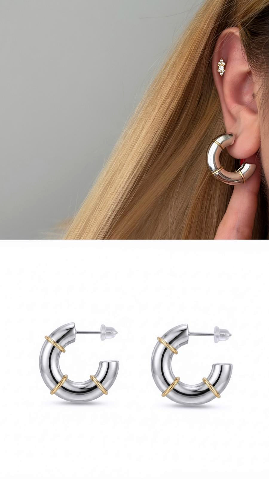 CW1VPEARNG00194-two-tone-smooth-c-hoop-gold-accent-band-stud-earrings-catwalkjewellery wholesale jewelry VIP 14K EARRINGS  Catwalk Jewellery Europe