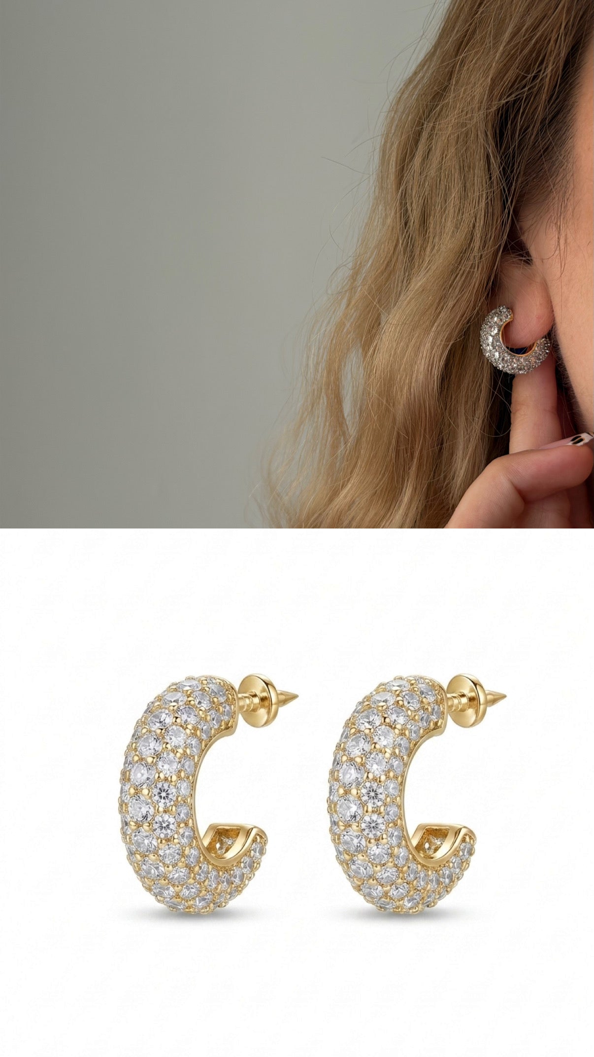 CW1VPEARNG00195-gold-cz-pave-chunky-c-hoop-stud-earrings-catwalkjewellery wholesale jewelry VIP 14K EARRINGS  Catwalk Jewellery Europe