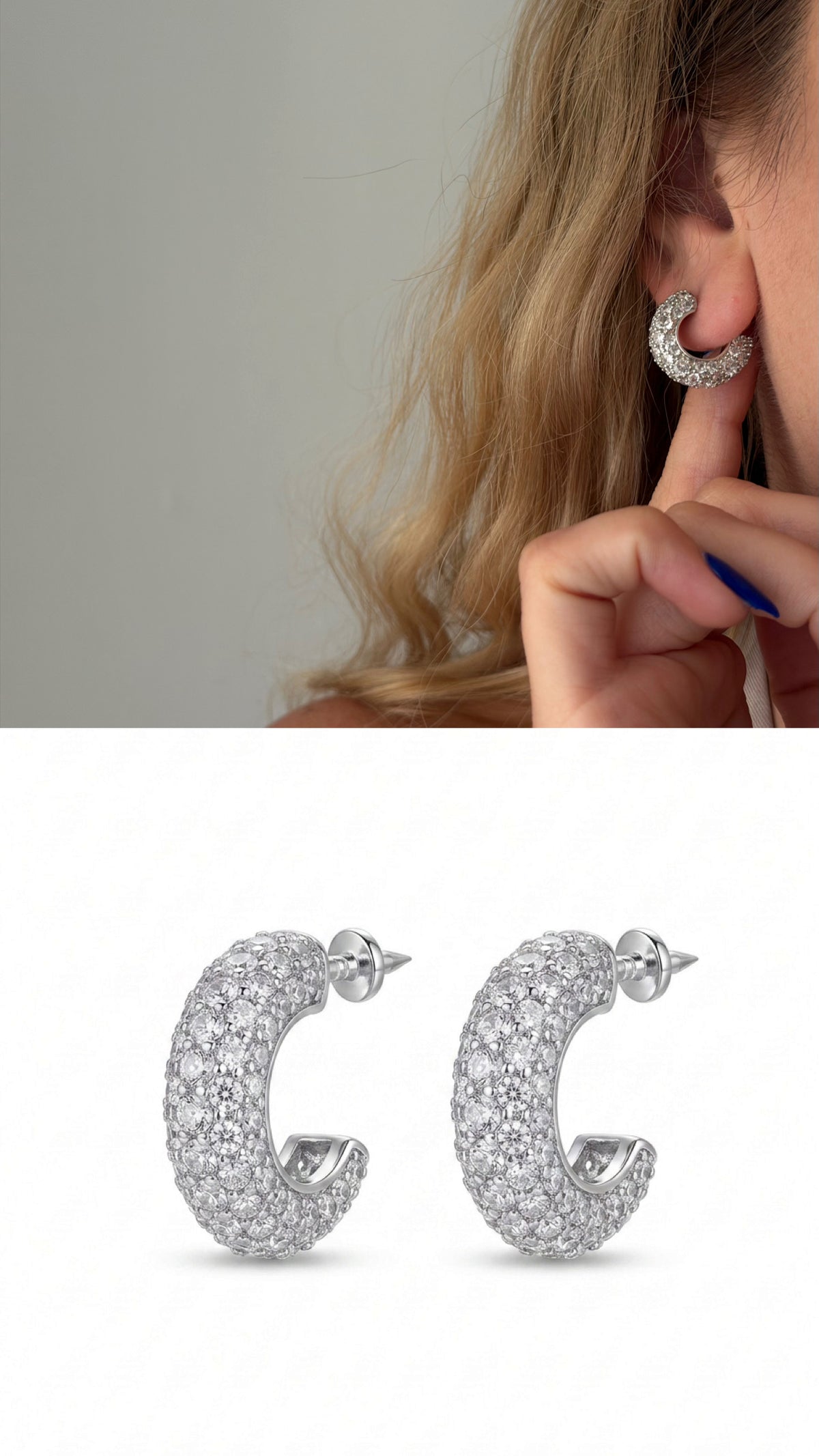CW1VPEARNG00201-silver-cz-pave-chunky-c-hoop-stud-earrings-catwalkjewellery wholesale jewelry VIP 14K EARRINGS  Catwalk Jewellery Europe