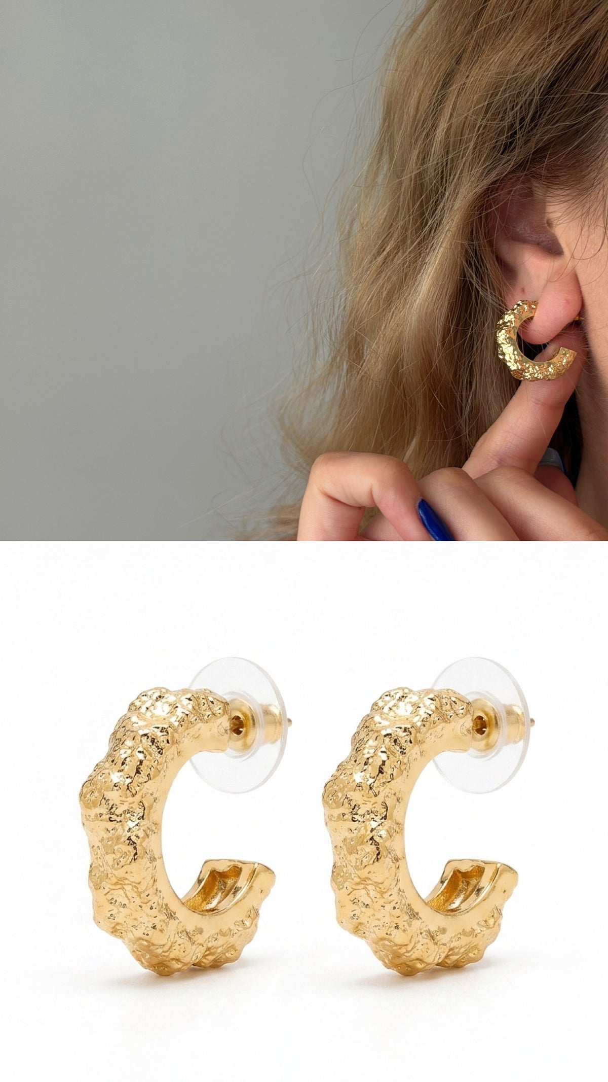CW1VPEARNG00203-gold-hammered-texture-chunky-c-hoop-stud-earrings-catwalkjewellery wholesale jewelry VIP 14K EARRINGS  Catwalk Jewellery Europe