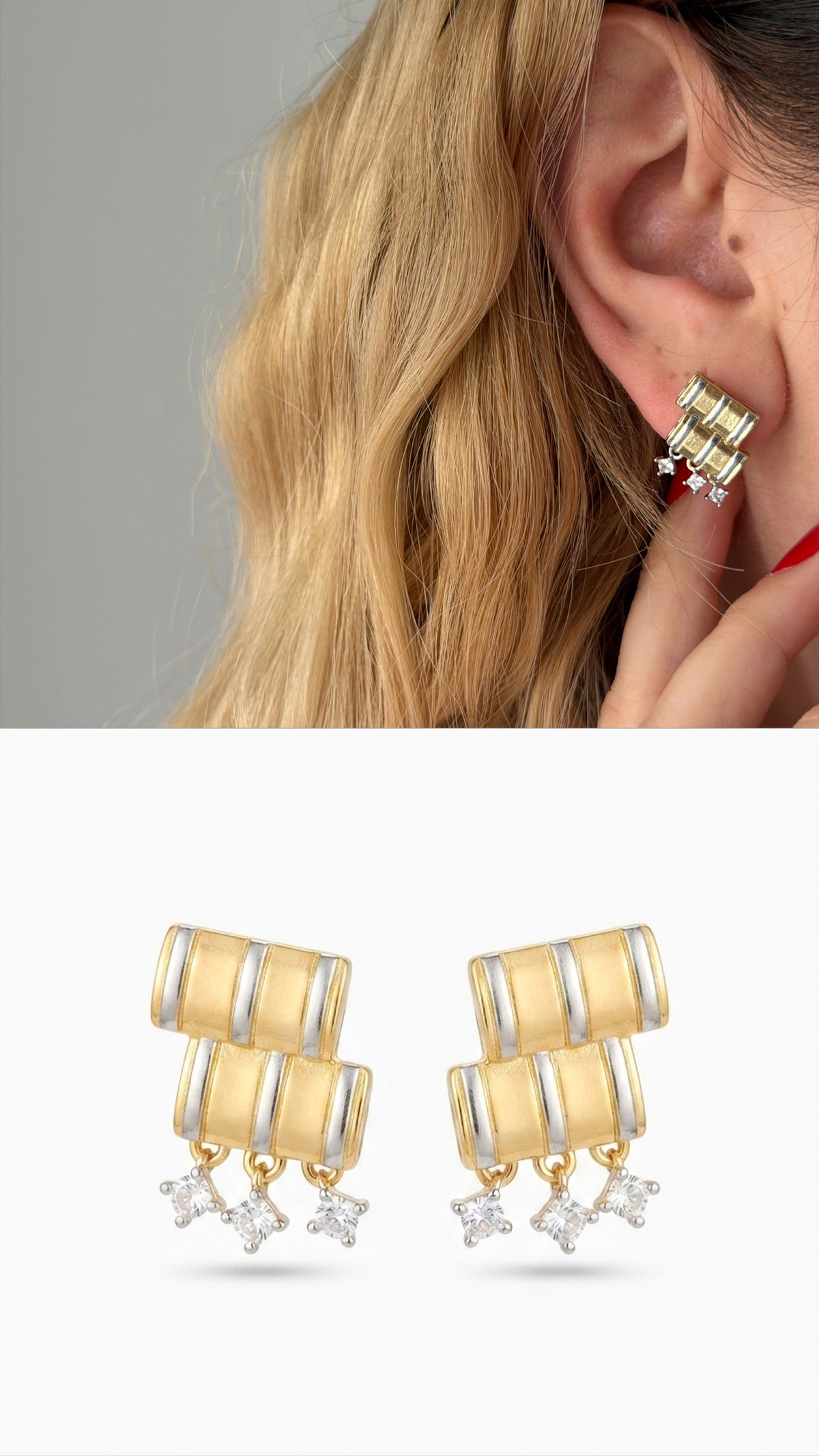 18K Gold Plated Stainless Steel Textured Cylinder Dangle CZ Stud Earrings - CW1VPEARRING00419 | Wholesale Stainless Steel Jewelry Catwalk Jewellery Europe