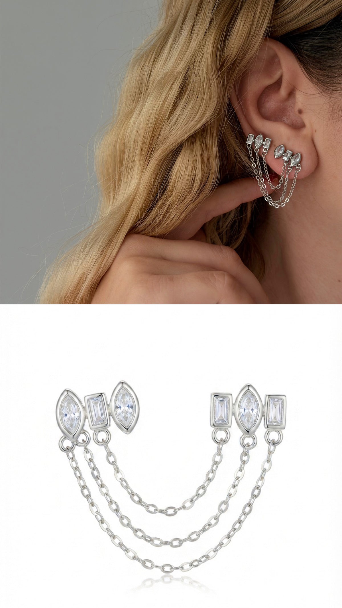 Silver Plated Stainless Steel Marquise Baguette CZ Chain Drape Double Stud Earrings - CW1VPEARRING00420 | Wholesale Stainless Steel Jewelry Catwalk Jewellery Europe