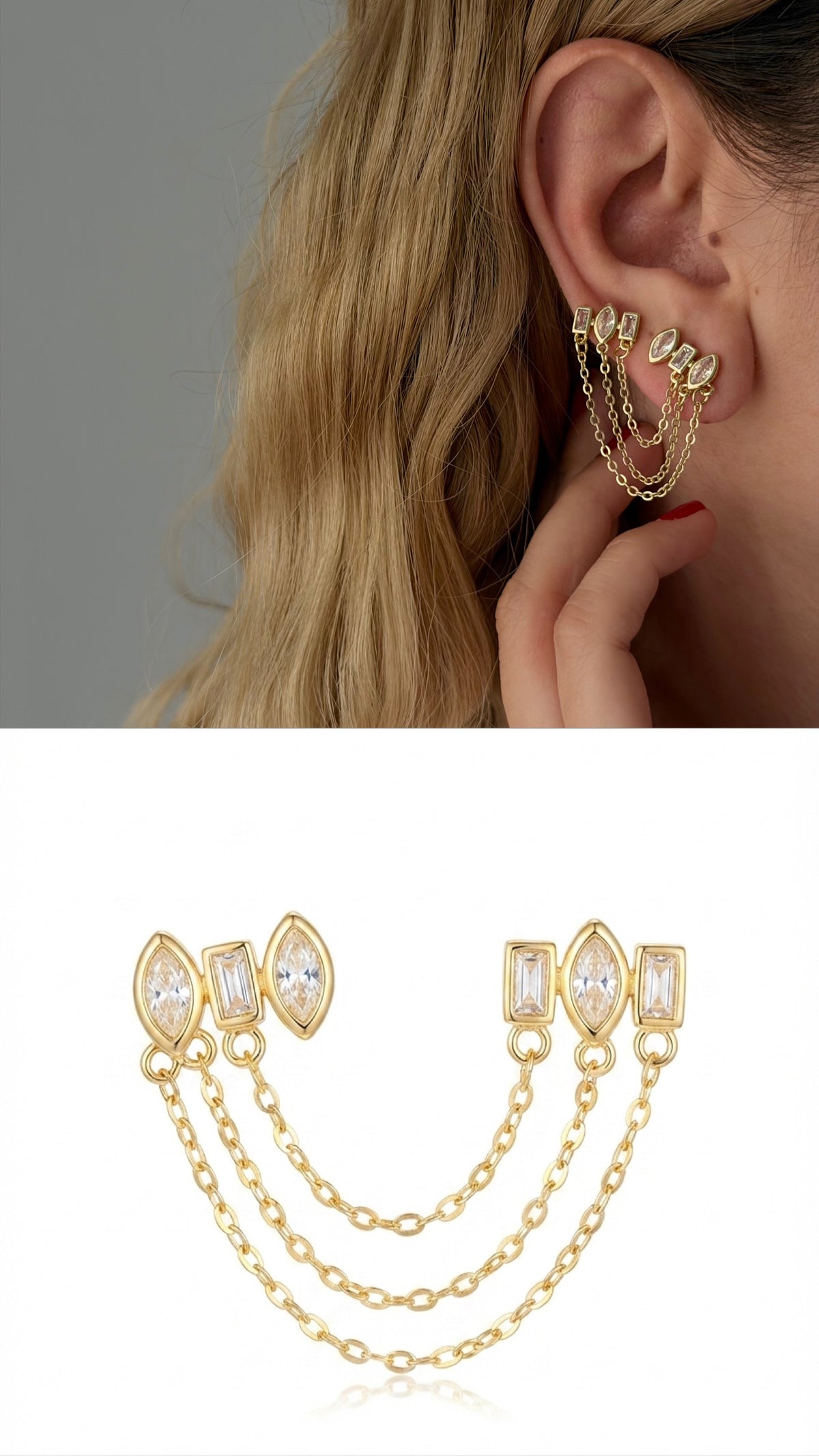 18K Gold Plated Stainless Steel Marquise Baguette CZ Chain Drape Double Stud Earrings - CW1VPEARRING00422 | Wholesale Stainless Steel Jewelry Catwalk Jewellery Europe