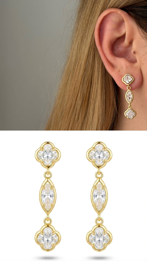 18K Gold Plated Stainless Steel Clover Marquise CZ Linear Drop Earrings - CW1VPEARRING00423 | Wholesale Stainless Steel Jewelry Catwalk Jewellery Europe