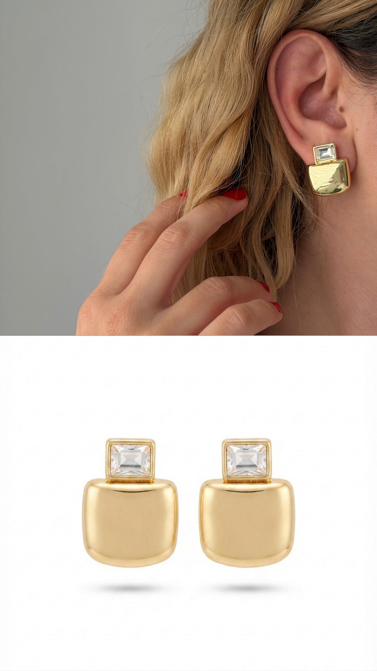 18K Gold Plated Stainless Steel Smooth Puffed Square Emerald Cut CZ Stud Earrings - CW1VPEARRING00426 | Wholesale Stainless Steel Jewelry Catwalk Jewellery Europe