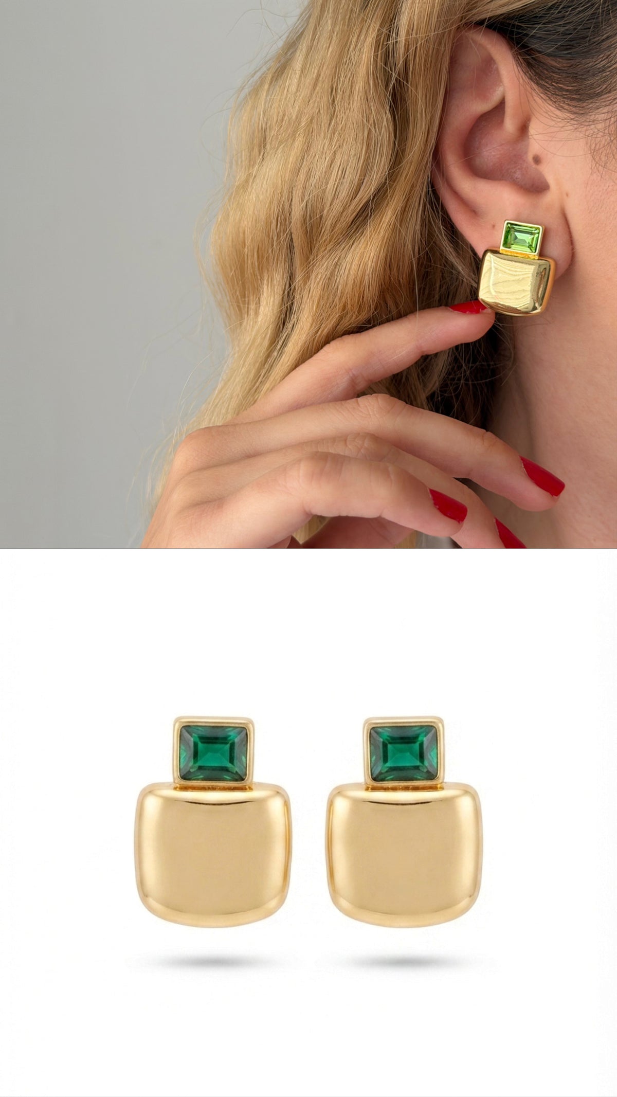 18K Gold Plated Stainless Steel Smooth Puffed Square Emerald Cut Green CZ Stud Earrings - CW1VPEARRING00428 | Wholesale Stainless Steel Jewelry Catwalk Jewellery Europe