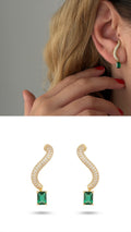 18K Gold Plated Stainless Steel Pave CZ Curved Bar Emerald Cut Green CZ Drop Earrings - CW1VPEARRING00429 | Wholesale Stainless Steel Jewelry Catwalk Jewellery Europe
