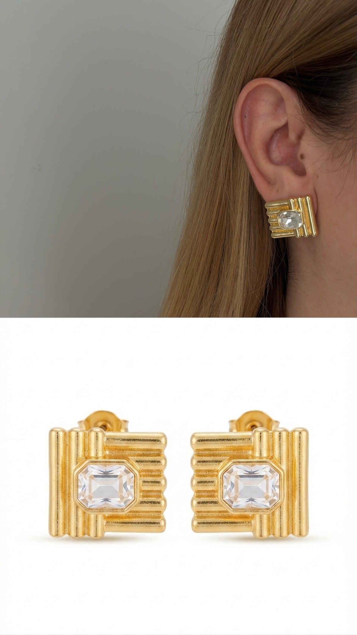 18K Gold Plated Stainless Steel Grooved Square Emerald Cut Clear CZ Stud Earrings - CW1VPEARRING00430 | Wholesale Stainless Steel Jewelry Catwalk Jewellery Europe