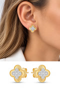 18K Gold Plated Stainless Steel Guilloche Four Leaf Clover Pave CZ Center Stud Earrings - CW1VPEARRING00431 | Wholesale Stainless Steel Jewelry Catwalk Jewellery Europe