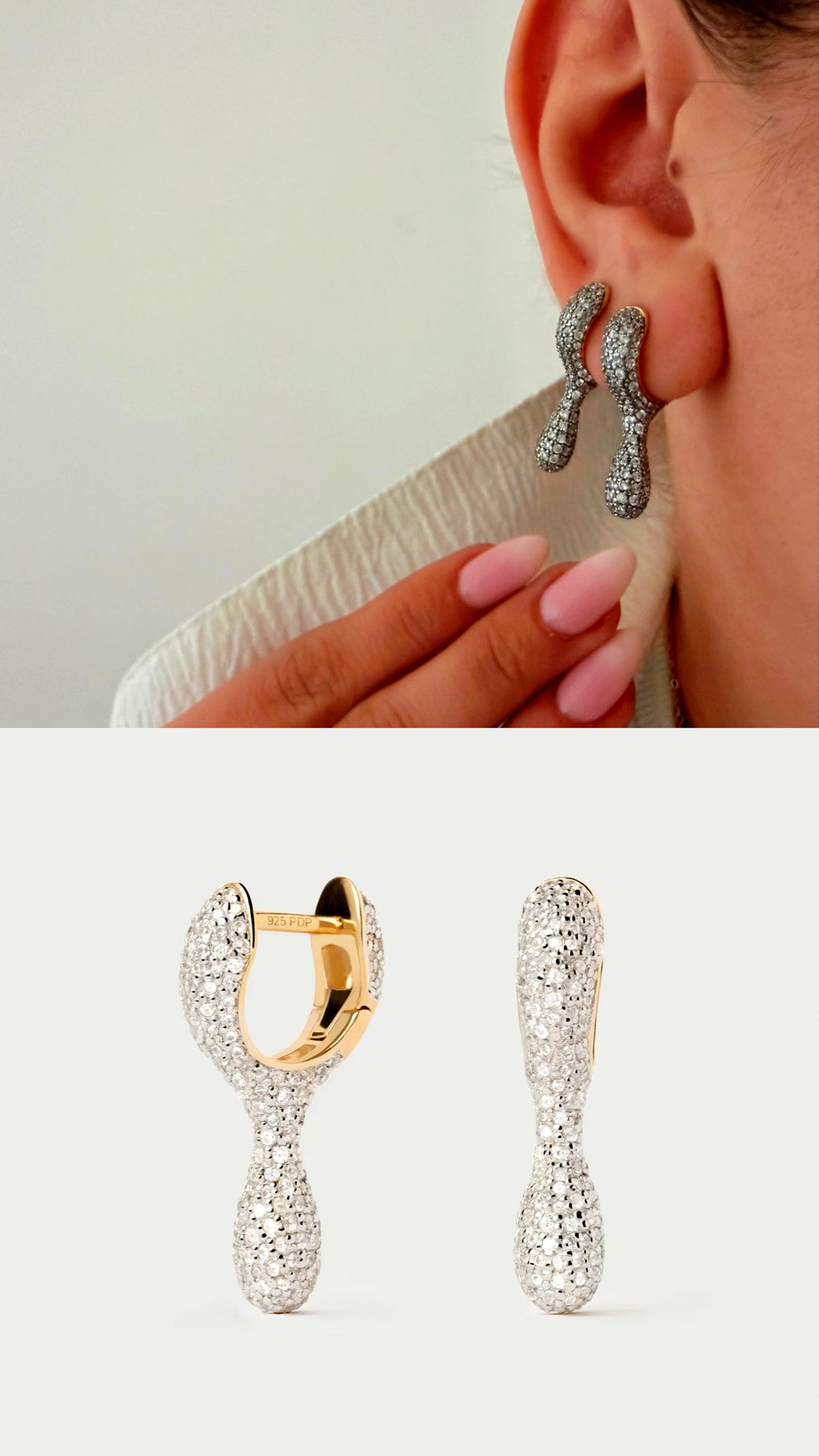 CW1VPEARNG00246-two-tone-cz-pave-sculptural-teardrop-dangle-huggie-hoop-earrings-catwalkjewellery wholesale jewelry VIP 14K EARRINGS  Catwalk Jewellery Europe