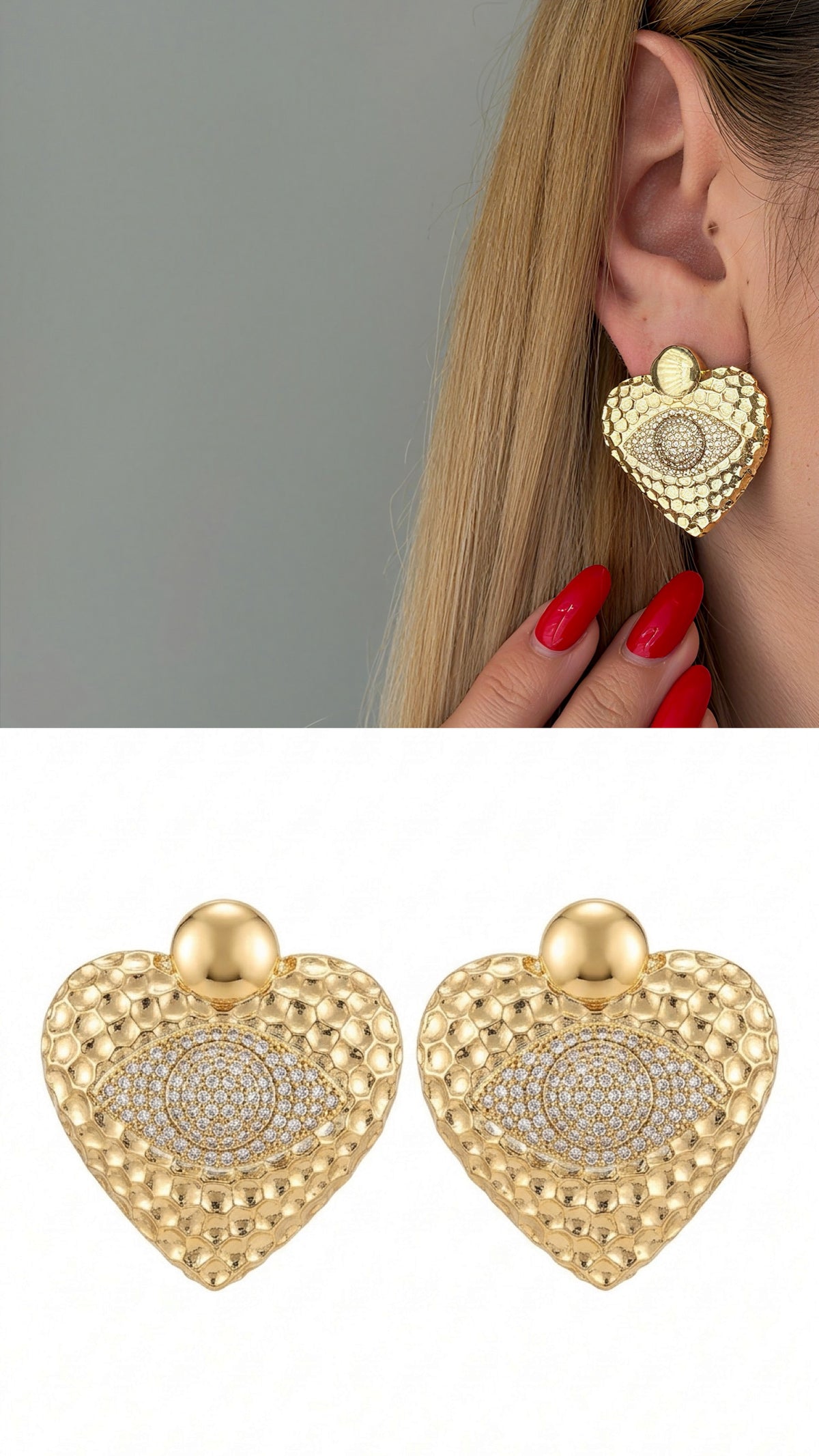 CW1VPEARNG00248-gold-hammered-texture-heart-shape-cz-pave-evil-eye-center-bold-statement-earrings-catwalkjewellery wholesale jewelry VIP 14K EARRINGS  Catwalk Jewellery Europe