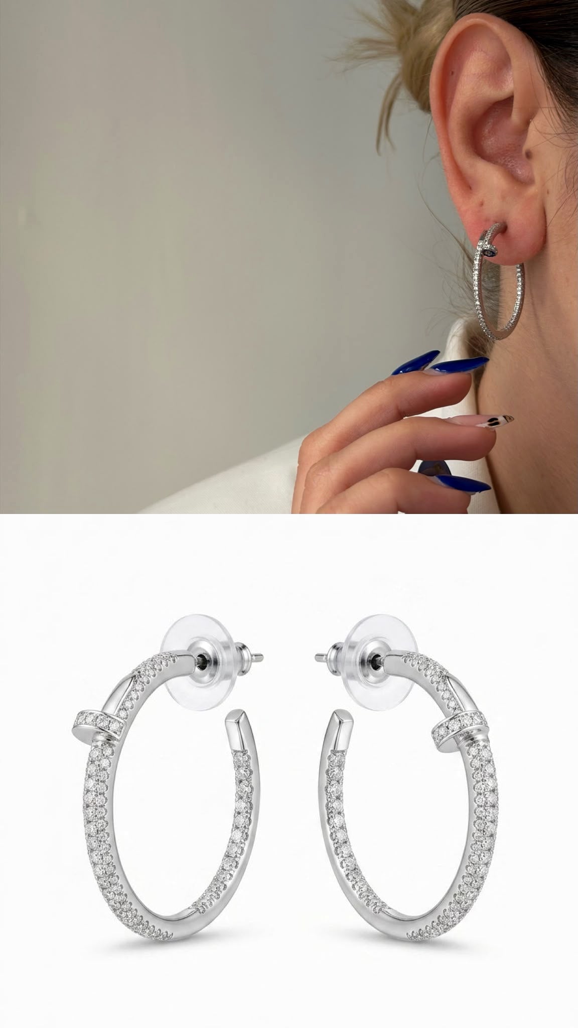 CW1VPEARNG00265-silver-cz-pave-nail-motif-c-hoop-edgy-statement-earrings-catwalkjewellery wholesale jewelry VIP 14K EARRINGS  Catwalk Jewellery Europe